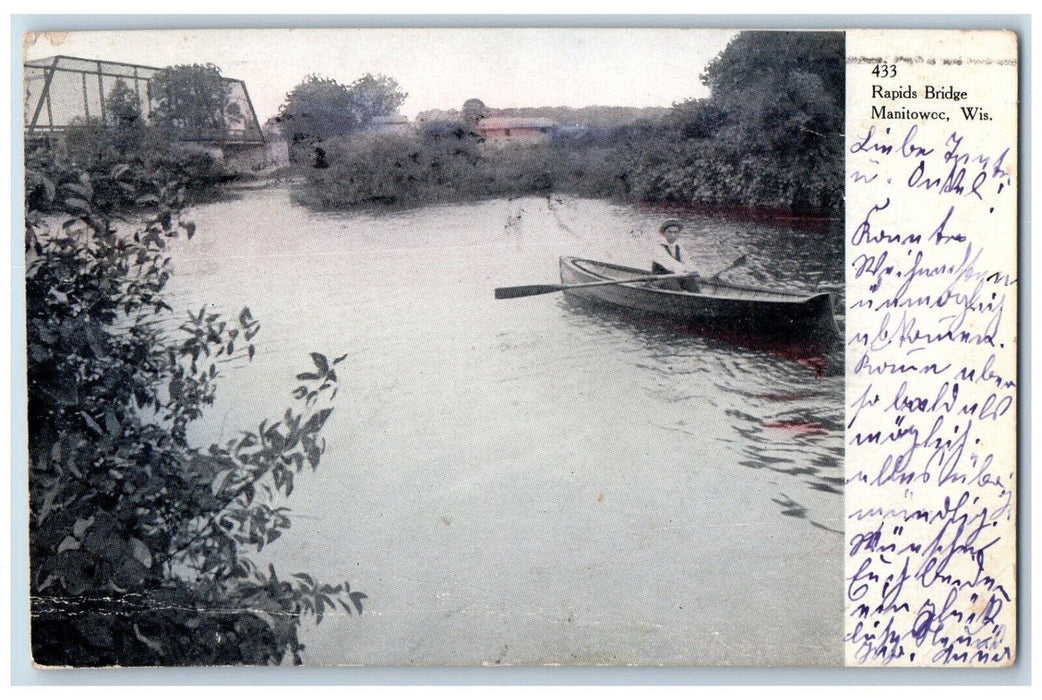 1906 Boating at Rapids Bridge Manitowoc Wisconsin WI Antique Posted Postcard