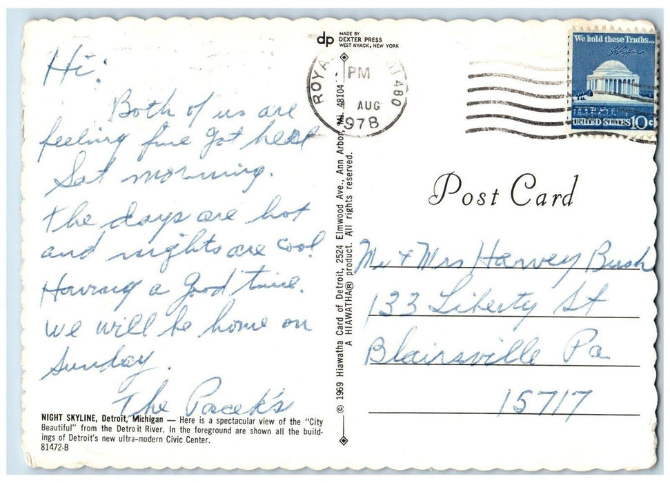1978 Night Skyline Spectacular View City Beautiful Detroit Michigan MI Postcard