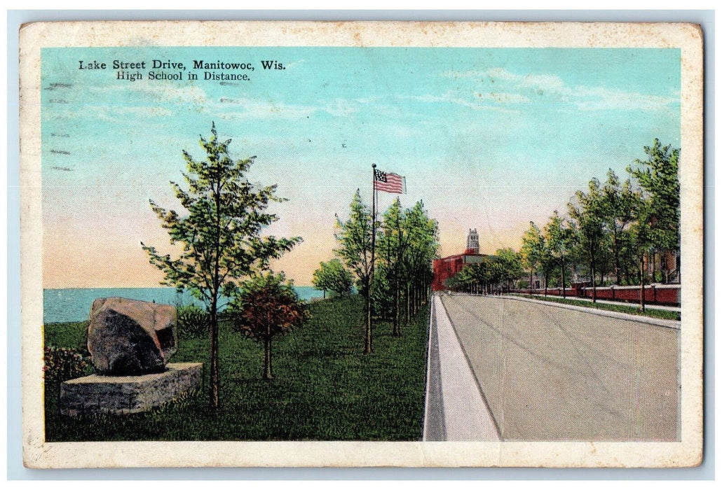 1928 Lake Street Drive US Flag Manitowoc Wisconsin WI Vintage Posted Postcard