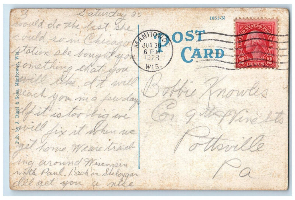 1928 Lake Street Drive US Flag Manitowoc Wisconsin WI Vintage Posted Postcard