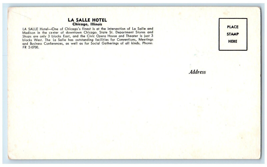 c1960 La Salle Hotel Madison Center Downtown Exterior Chicago Illinois Postcard