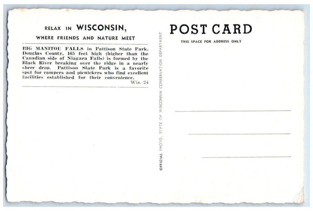 c1950's Big Manitou Falls in Pattison State Park Douglas County WI Postcard