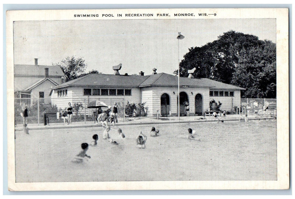 c1950's Swimming Pool in Recreation Park Monroe Wisconsin WI Postcard