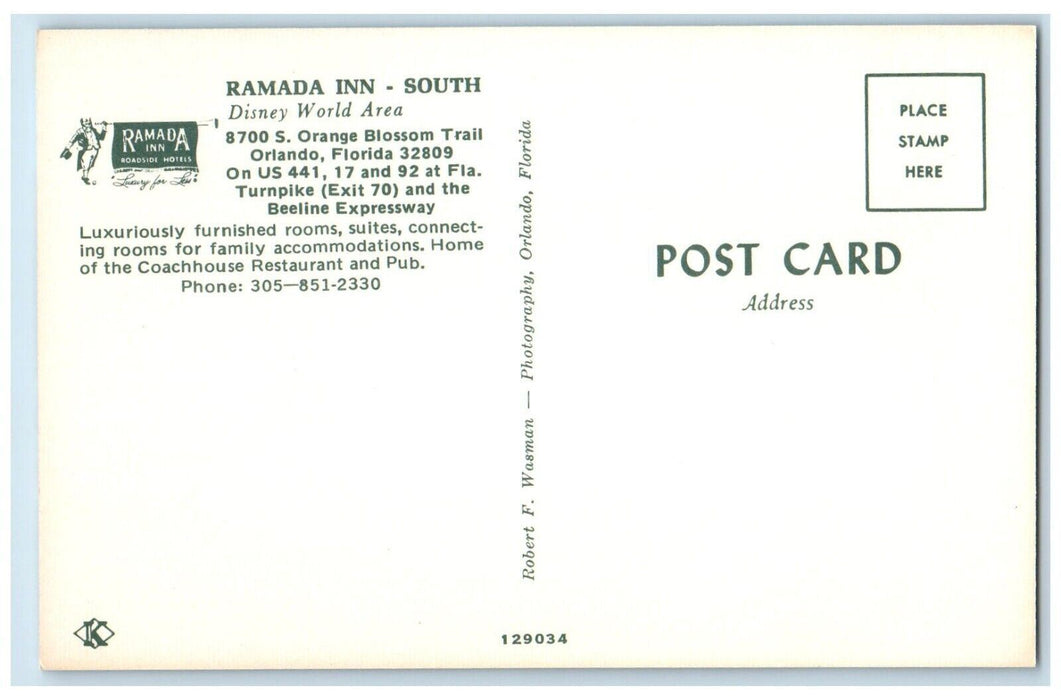 c1960 Ramada Inn South Disney World Area Orange Blossom Orlando Florida Postcard