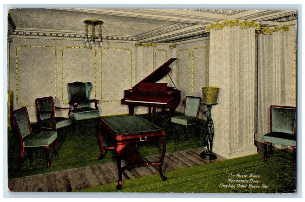 c1910 Music Room Mezzanine Floor Owyhee Hotel Interior Boise Idaho ID Postcard