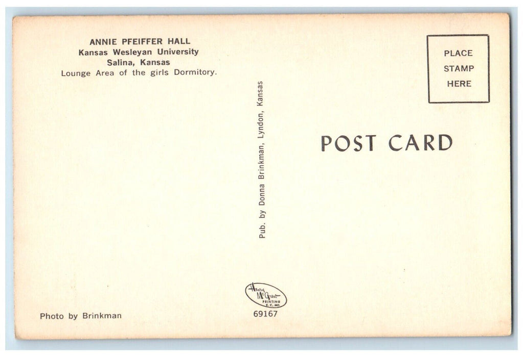 c1960 Annie Pfeiffer Hall Area Kansas Wesleyan University Salina Kansas Postcard