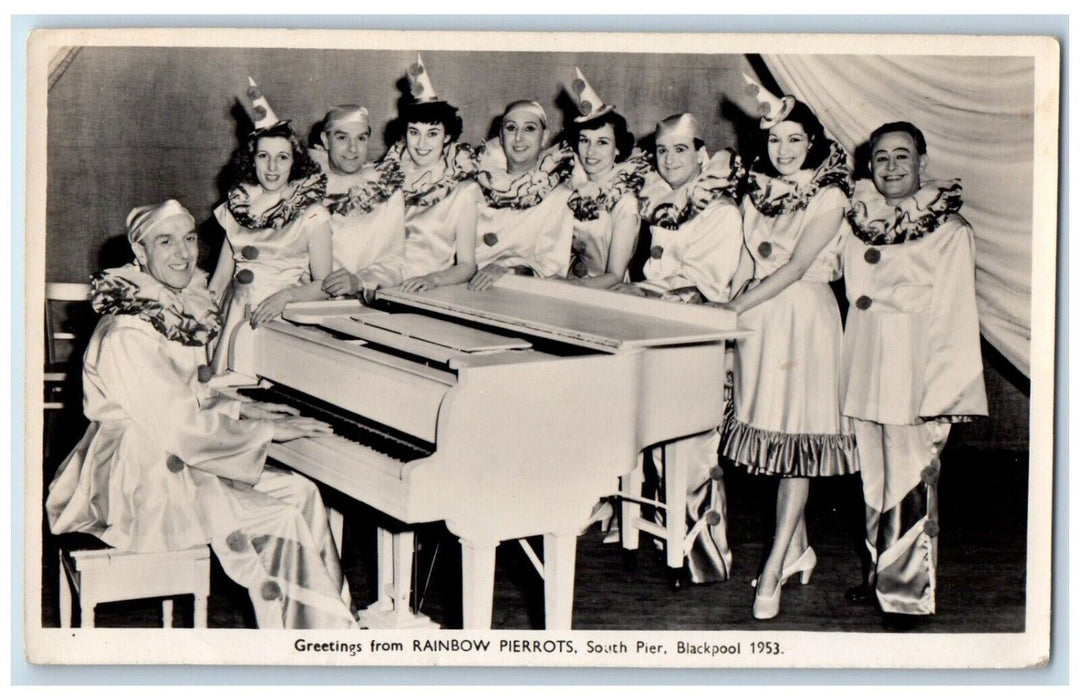 c1953 Greetings From Rainbow Pierrots Clowns Piano South Pier Blackpool Postcard