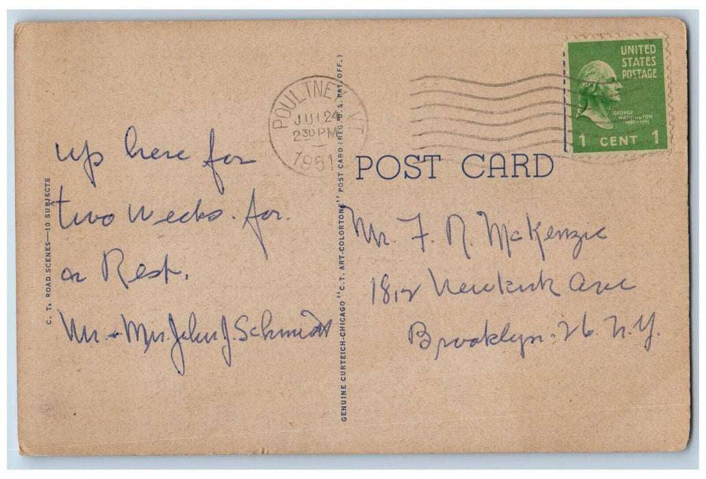 1951 Greetings From Poultney Vermont VT, Curve Road And Tress View Postcard