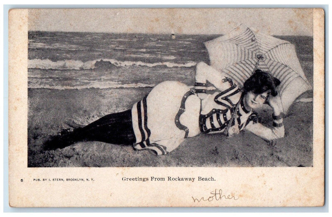 c1905 Greetings From Rockaway Beach New York NY, Girl Pose Umbrella Postcard