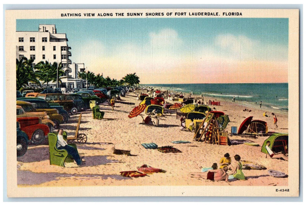 c1940's Bathing View Along The Sunny Shores of Fort Lauderdale FL Postcard