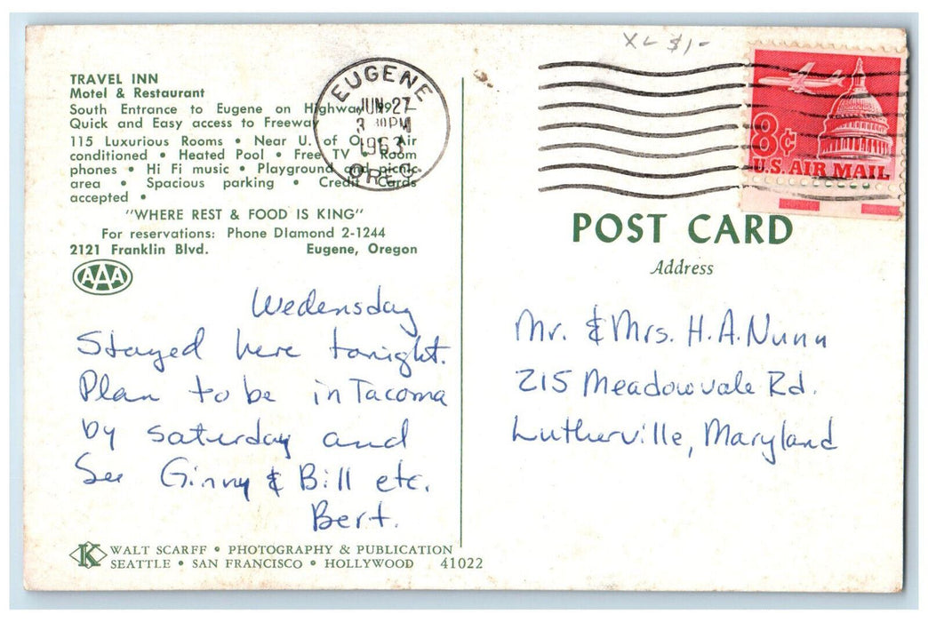 1963 Travel Inn Motel & Restaurant Eugene Oregon OR Vintage Multiview Postcard