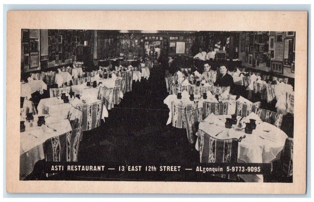 c1910's Asti Restaurant Dining Room Algonquin New York City NY Antique Postcard