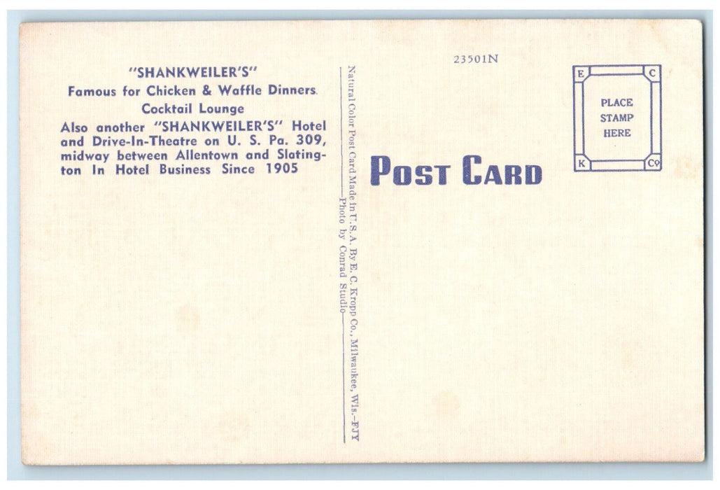 c1950's Shankweiler's Hotel Restaurant Fogelsville Pennsylvania PA Postcard