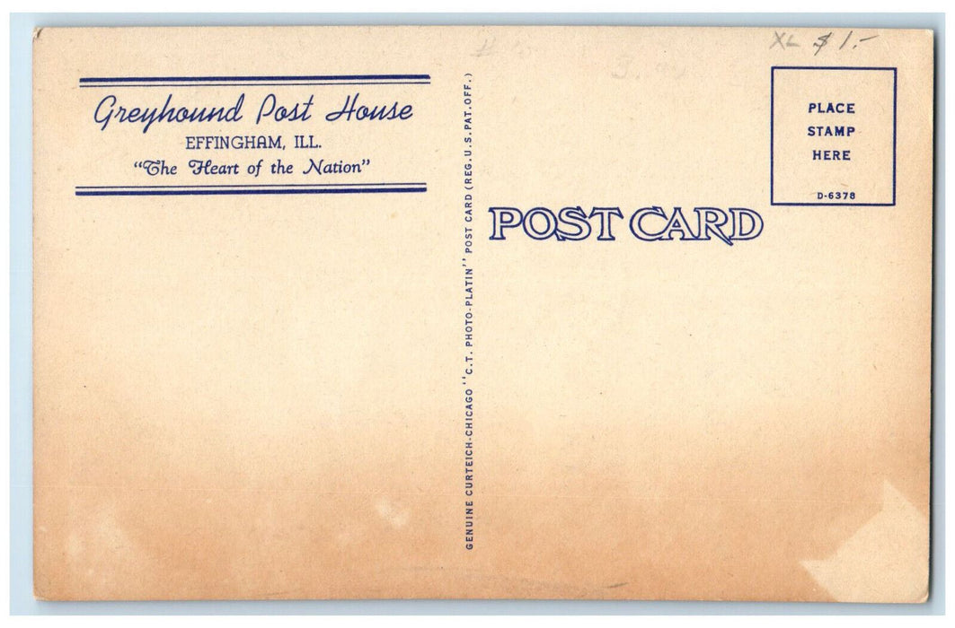 c1950's Greyhound Post House Effingham Illinois IL Vintage Unposted Postcard