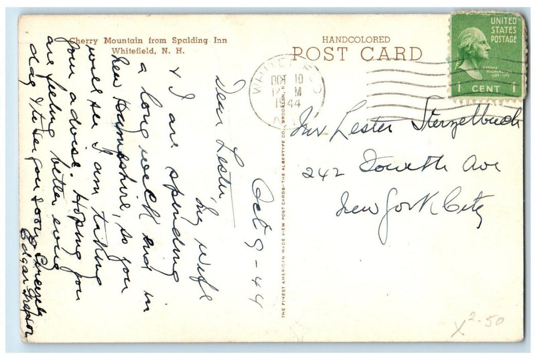 1944 Cherry Mountain From Spalding Inn Whitefield New Hampshire NH Postcard