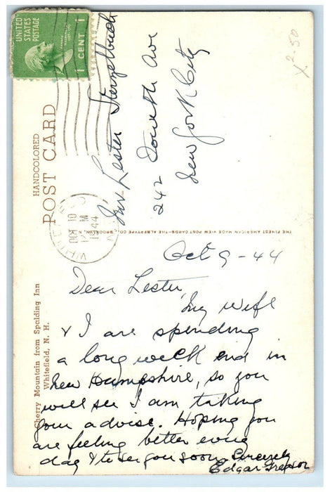 1944 Cherry Mountain From Spalding Inn Whitefield New Hampshire NH Postcard
