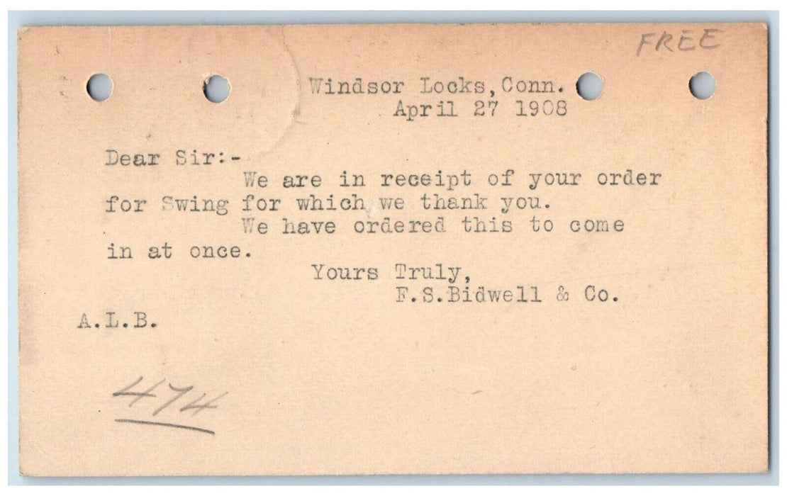 1908 Order Receipt For Swing Windsor Locks Connecticut CT Antique Postcard