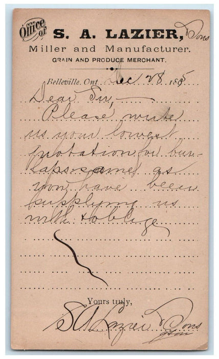 1895 S. A. Lazier Miller And Manufacturer Belleville Ontario Canada Postcard