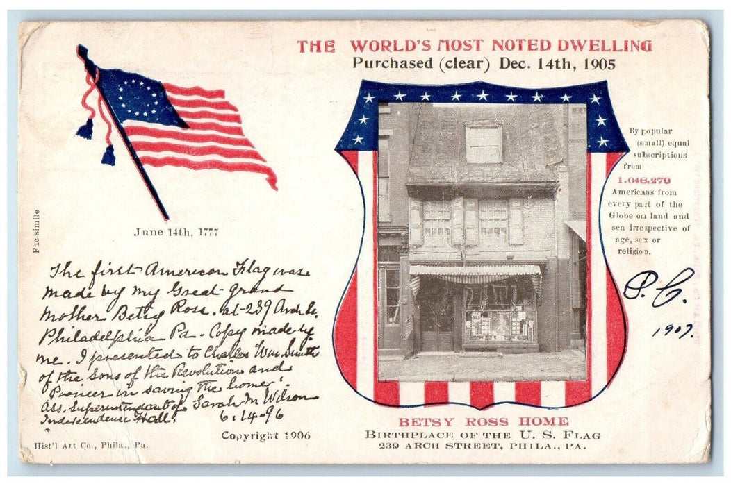 1907 The World's Most Noted Dwelling Betsy Ross Home Philadelphia PA Postcard