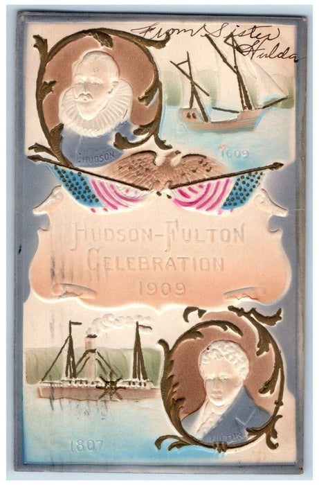 1909 Hudson-Fulton Celebration Grand Central NY Embossed Airbrushed Postcard