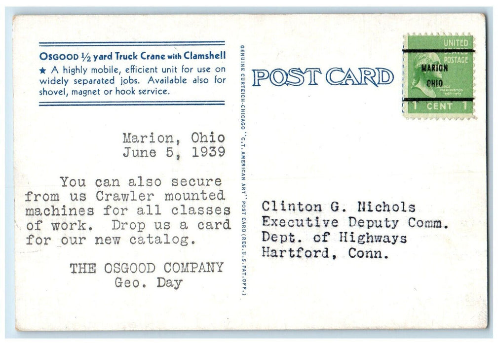 1939 The Osgood Company Marion OH, Truck Crane Clamshell Advertising Postcard
