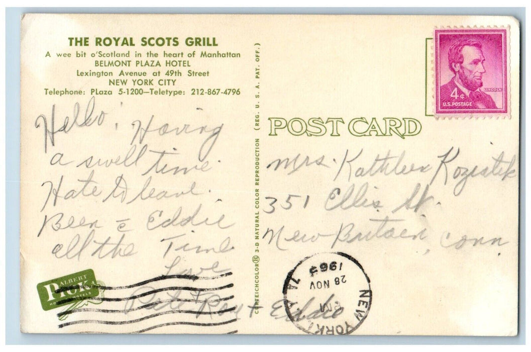 The Royal Scots Grill Belmont Plaza Hotel Dining Room New York City NY Postcard