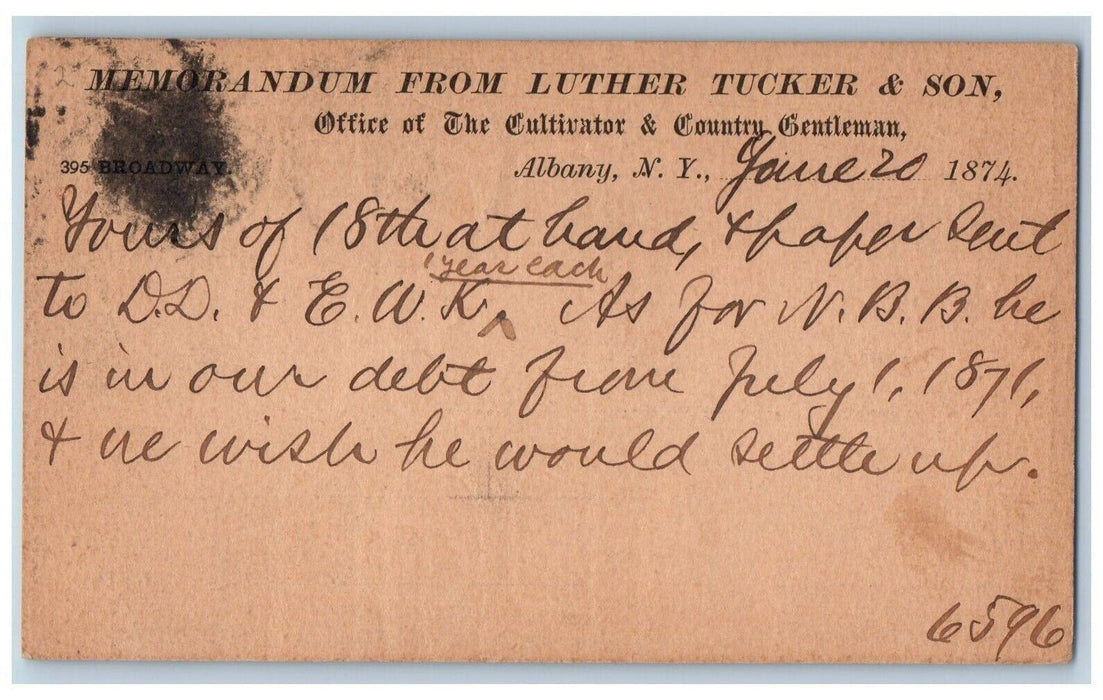 1874 Memorandum From Luther Tucker & Son Albany New York NY Antique Postcard