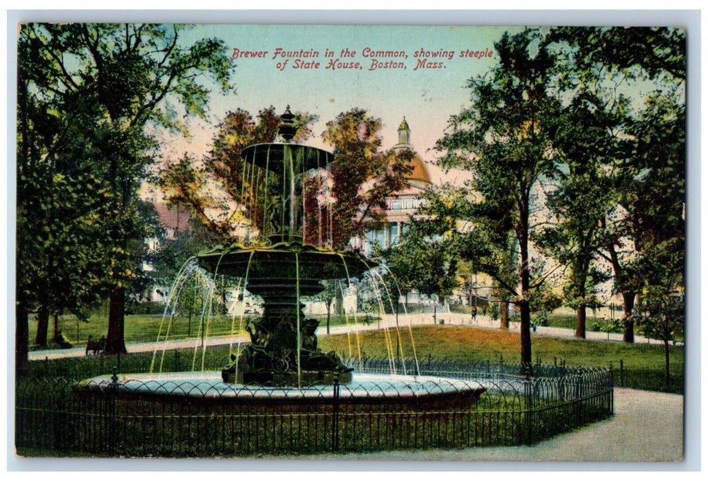 1910 Brewer Fountain Common Showing Steeple State House Boston MA Postcard