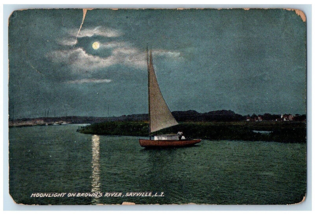 1918 Moonlight On Brown's River Sailboat Scene Sayville Long Island NY Postcard