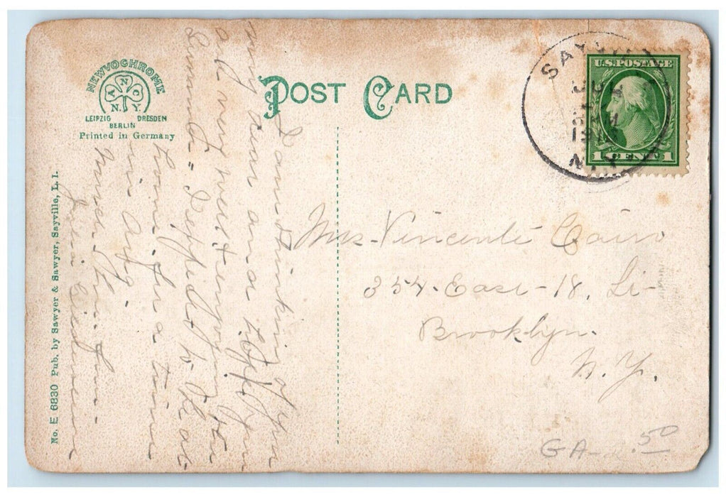 1918 Moonlight On Brown's River Sailboat Scene Sayville Long Island NY Postcard