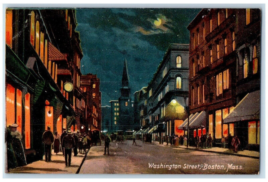 c1910's Washington Street Moon Night View Boston Massachusetts MA Postcard