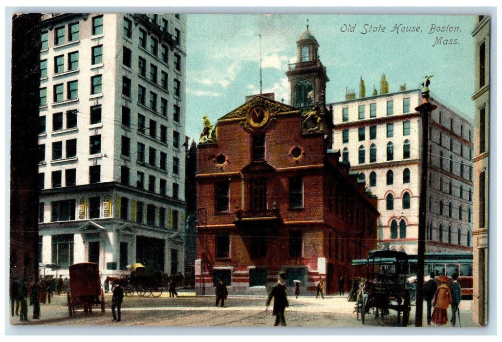 c1910's Old State House Street View Trolley Boston Massachusetts MA Postcard