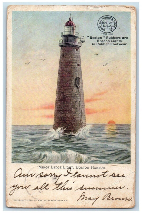 1907 Minot Ledge Light Boston Harbor Boston Massachusetts MA Antique Postcard