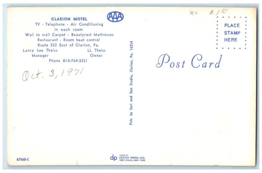1971 Clarion Motel Clarion Pennsylvania PA Vintage Unposted Postcard