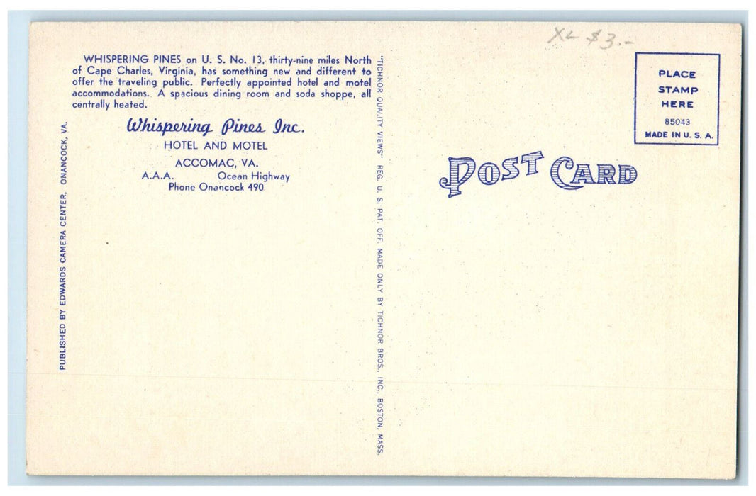 c1950's Whispering Pines Motel Accomac Virginia VA Vintage Unposted Postcard