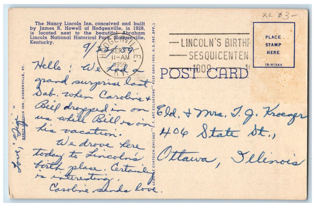 1959 Nancy Lincoln Inn Abraham Lincoln National Park Hodgenville KY Postcard