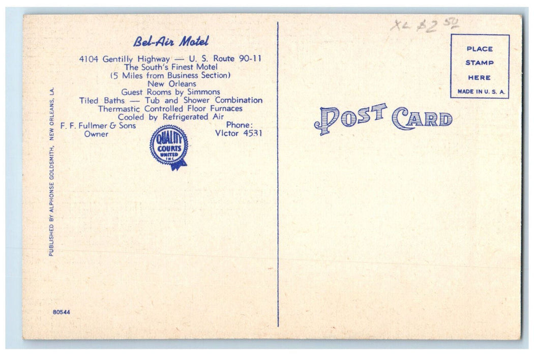 c1950's Bel Air Motel Gentilly Highway New Orleans Louisiana LA Vintage Postcard