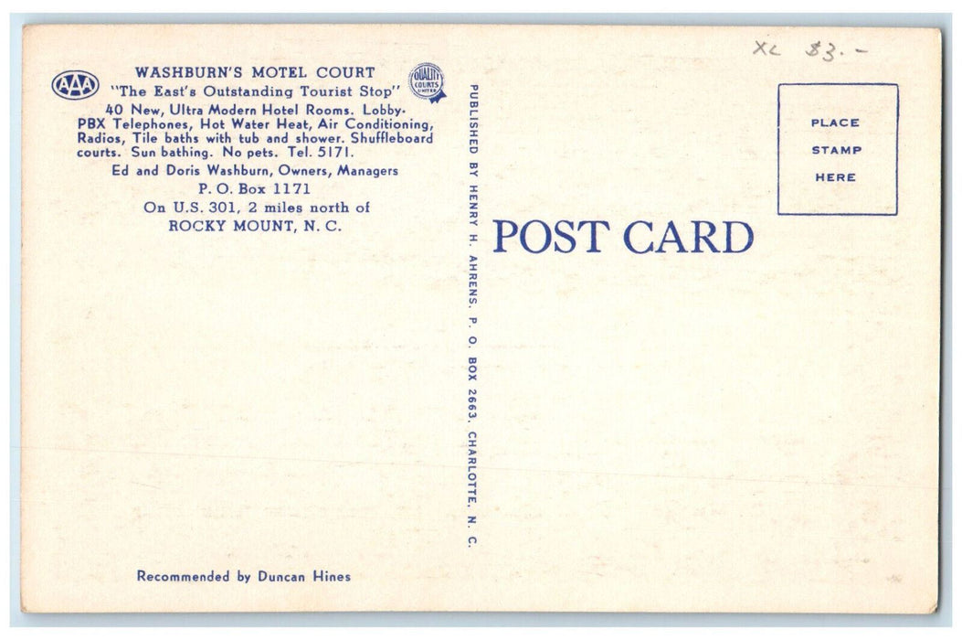 c1940's Washburn's Motel Court North of Rocky Mount NC Multiview Postcard