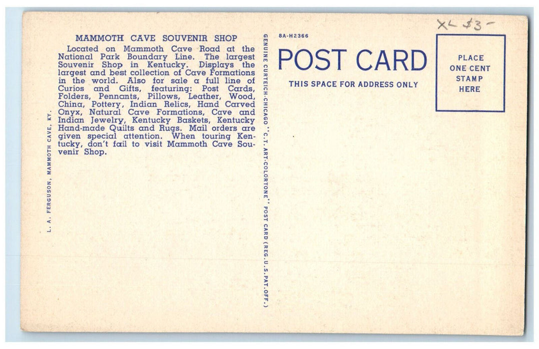 c1950's Mammoth Cave Souvenir Shop Curios Gifts Pennants Cave City KY Postcard