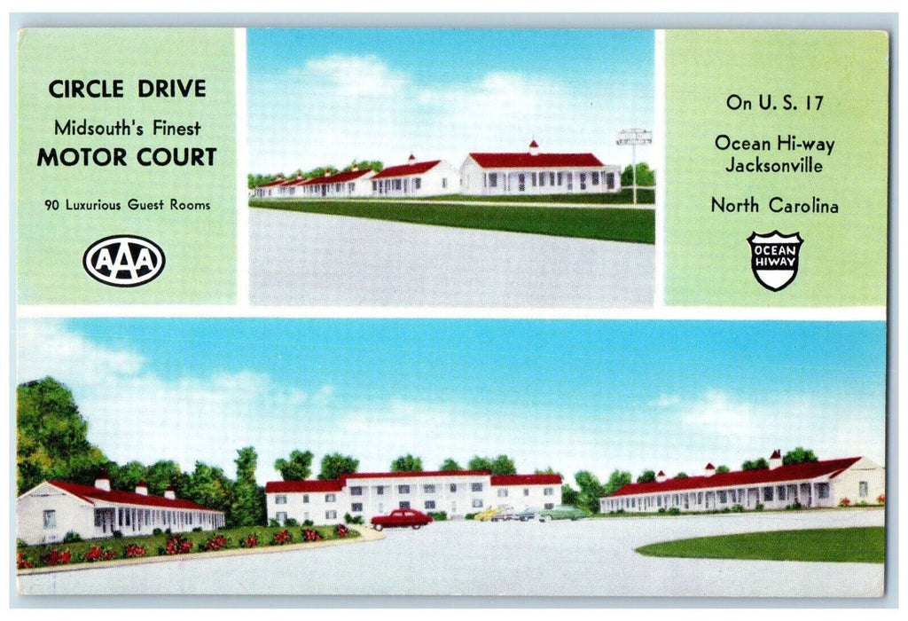 c1960's Circle Drive Motor Court Ocean Hi-Way Jacksonville NC Multiview Postcard