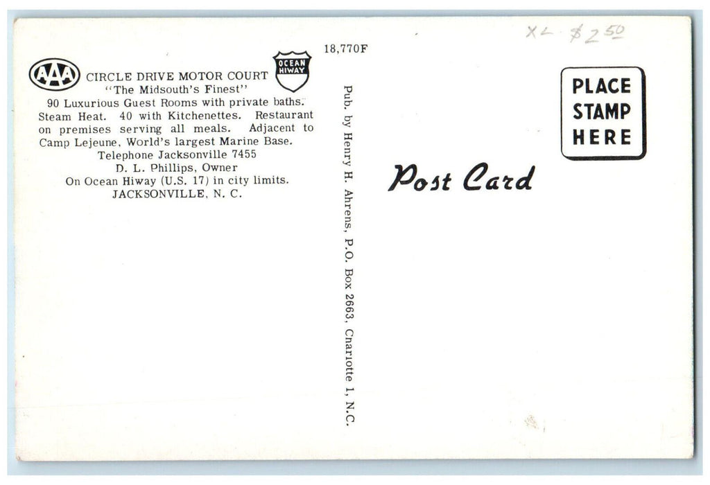 c1960's Circle Drive Motor Court Ocean Hi-Way Jacksonville NC Multiview Postcard