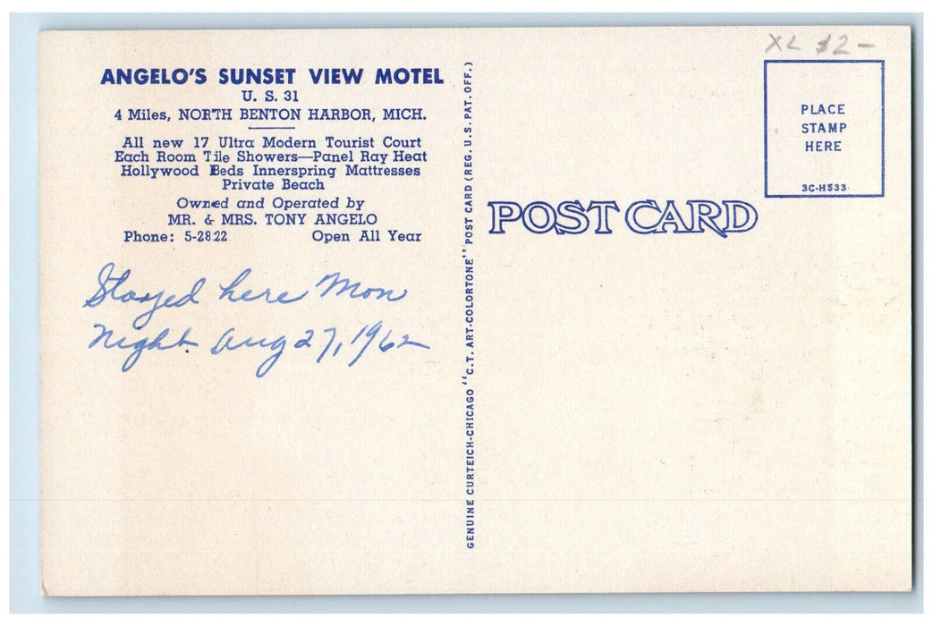 1962 Angelo's Sunset View Motel Benton Harbor Michigan MI Posted Postcard