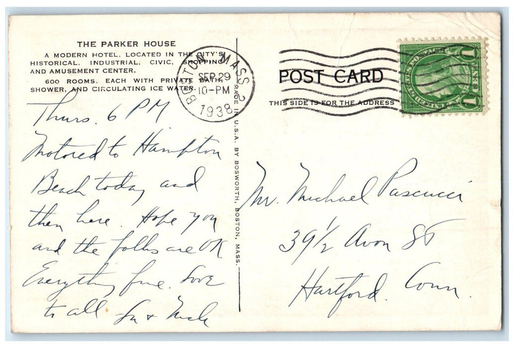 1938 Parker House Boston Kings Chapel Foreground Massachusetts MA Postcard
