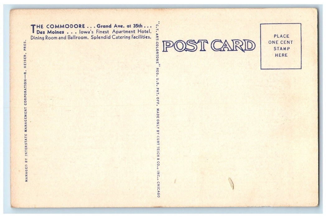 The Commodore Apartment Hotel Graden Club Gardens Des Moines Iowa IA Postcard