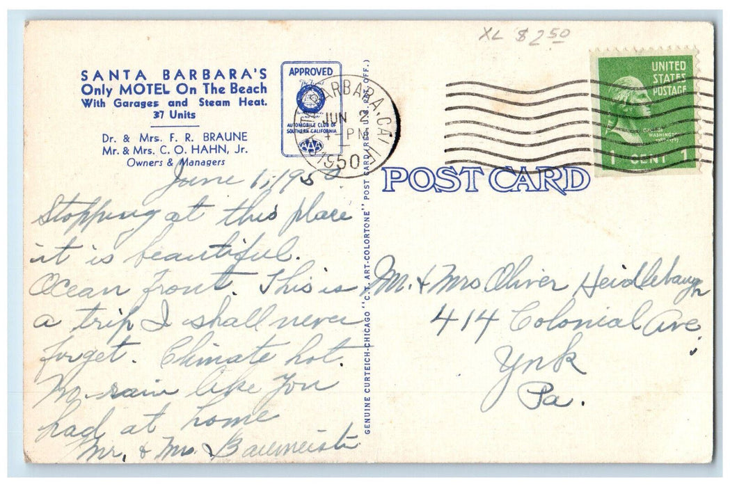 1950 La Casa Del Mar Motel Santa Barbara California CA Posted Postcard