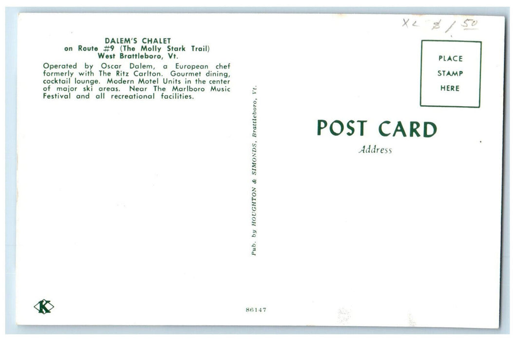 c1960's Dalem's Chalet Restaurant Motel West Brattleboro VT Unposted Postcard