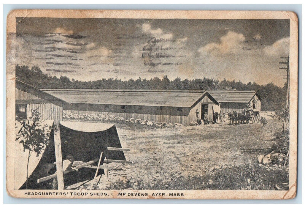 1917 Headquarters Troop Sheds Camp Devens Ayer Massachusetts MA Antique Postcard