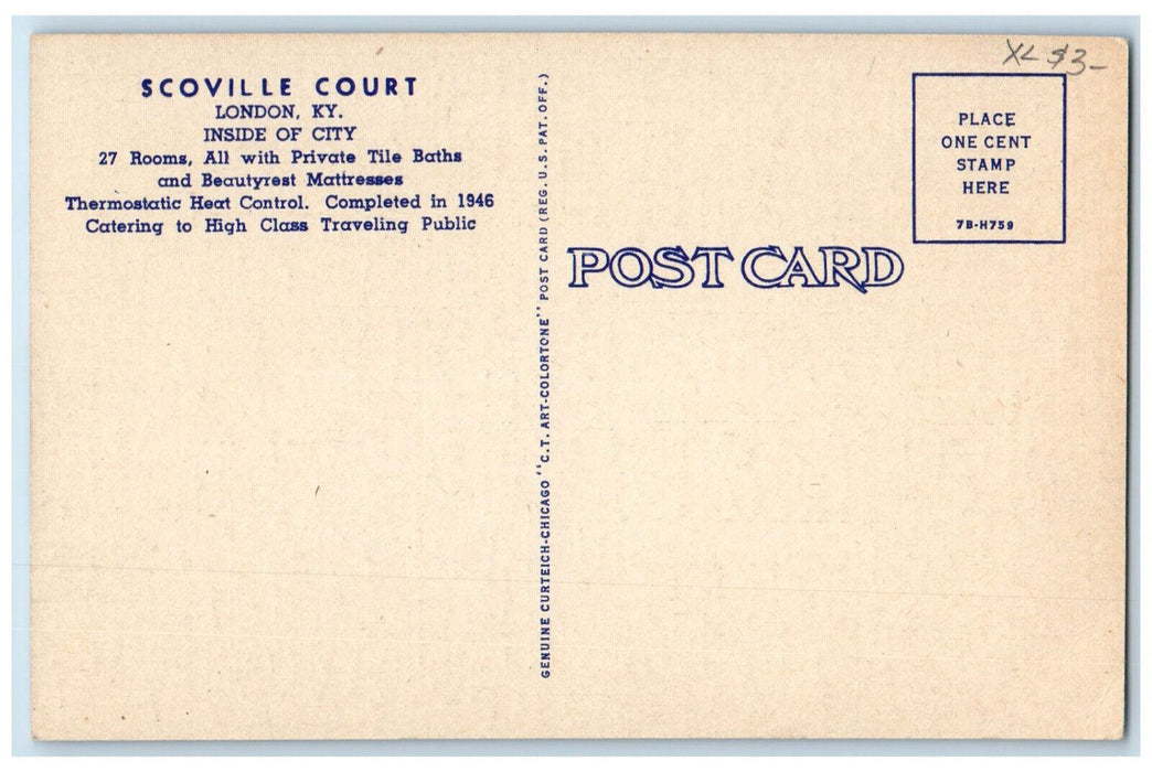 c1950's Scoville Court London Kentucky KY Vintage Unposted Postcard
