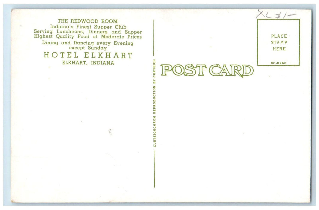 c1950's The Redwood Room Dining Hotel Elkhart Elkhart IN Unposted Postcard