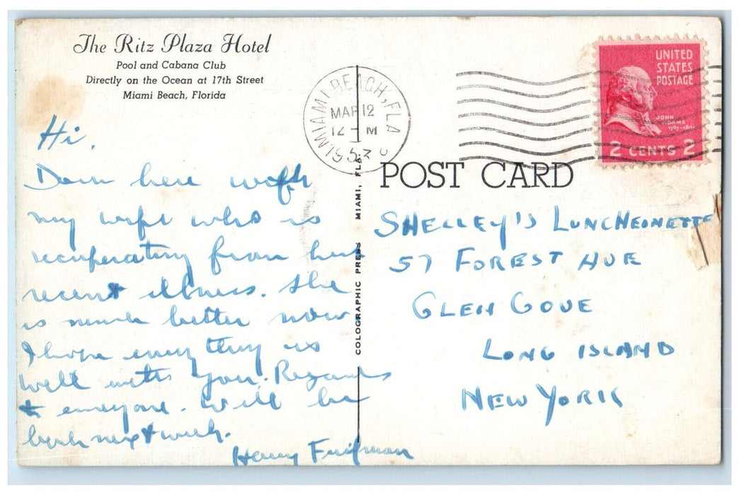 1953 The Ritz Plaza Hotel Pool and Club Cabana Miami Beach FL Postcard